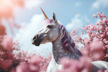Unicorn. a mythical creature symbolizing virtue. a horse with a horn. rainbow, fairytale, shiny tail, mane, pony, white beautiful cute animal magical mythの素材