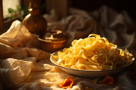 Pasta Italian dish prepared from flour and water that cooked in various shapes and served with sauces. popular, versatility and ability to be combined with variety of ingredientsの素材