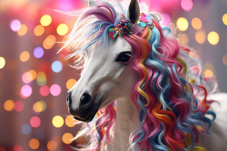 Unicorn. a mythical creature symbolizing virtue. a horse with a horn. rainbow, fairytale, shiny tail, mane, pony, white beautiful cute animal magical mythの素材