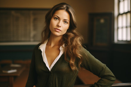 Beautiful, pretty, cute, happy, smiling teacher tutor female with glasses on classroom, school, university, library. back to school, knowledge, working, education, bookの素材