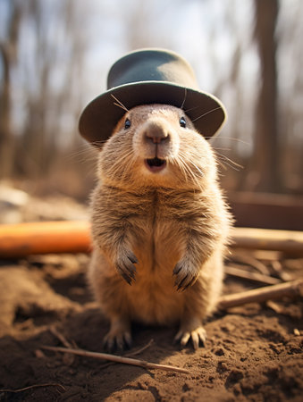 Groundhog Day. February 2nd, Punxsutawney Phil, hat, happy and smiling. folklore, superstition, weather forecasting, symbol of anticipation for changing seasons. banner, greeting card, copy spaceの素材