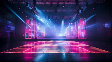 Led concert stage, spotlight illuminated the empty stage, lightning design, electric, screen, colorful effect wallpaper fachion futuristic event organization. banner, copy space, background.の素材