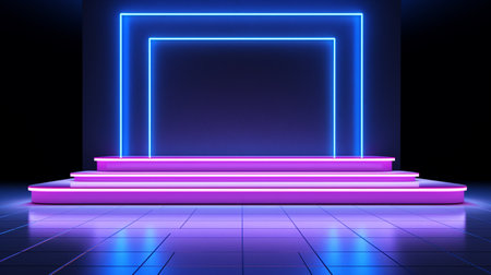 Led concert stage, spotlight illuminated the empty stage, lightning design, electric, screen, colorful effect wallpaper fachion futuristic event organization. banner, copy space, background.の素材