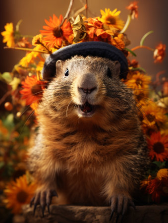Groundhog Day. February 2nd, Punxsutawney Phil, hat, happy and smiling. folklore, superstition, weather forecasting, symbol of anticipation for changing seasons. banner, greeting card, copy spaceの素材