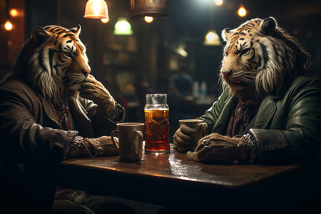 Anthropomorphic animals, playful, human like characters, emotions, endearing personalities, fantasy reality, daily routine, go to school, listen to music, phone, have a breakfast, drink at barの素材