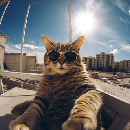 cute, funny, happy, adorable cat, kitty on the beach with humorous sunglasses. summertime, beach palm tree, heat relax, vacationの素材
