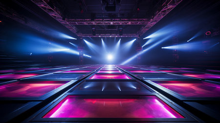 Led concert stage, spotlight illuminated the empty stage, lightning design, electric, screen, colorful effect wallpaper fachion futuristic event organization. banner, copy space, background.の素材