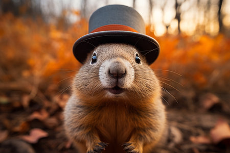 Groundhog Day. February 2nd, Punxsutawney Phil, hat, happy and smiling. folklore, superstition, weather forecasting, symbol of anticipation for changing seasons. banner, greeting card, copy spaceの素材