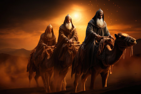 Reyes Magos. Three kings day, brought gifts to Jesus Christ after learning of Messiah's birth Three wise men magicians priests banner greeting card copy spaceの素材