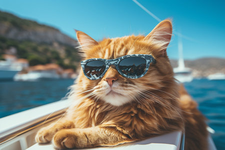 cute, funny, happy, adorable cat, kitty on the beach with humorous sunglasses. summertime, beach palm tree, heat relax, vacationの素材