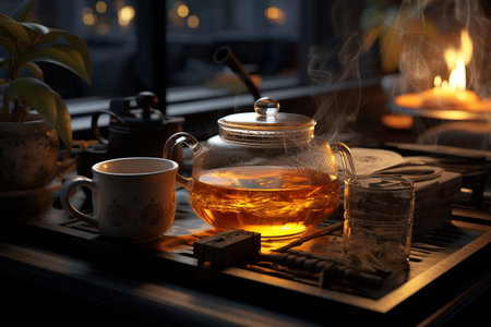 Herbata a drink obtained by brewing, boiling or infusing prepared tea leaves beloved beverage black green warm hot beautiful cozy aromatic autumn relax ceremony calm ritual copy space poster bannerの素材
