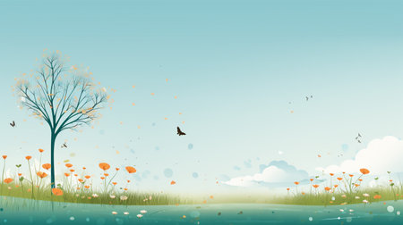 Spring natural world flowers flora and fauna. Blossoms, treesm air, sunlight warm weather birds leaves beauty. banner copy space greeting card wallpaper backgroundの素材