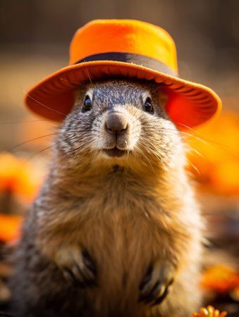Groundhog Day. February 2nd, Punxsutawney Phil, hat, happy and smiling. folklore, superstition, weather forecasting, symbol of anticipation for changing seasons. banner, greeting card, copy spaceの素材