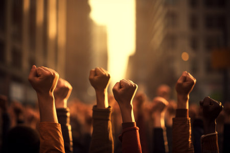 protest march people with placards and posters Arms raised air fighting Group of activists Multiracial Crowd Black Lives Matter social activity crisis future freedom yoong banner publicの素材