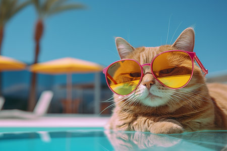 cute, funny, happy, adorable cat, kitty on the beach with humorous sunglasses. summertime, beach palm tree, heat relax, vacationの素材