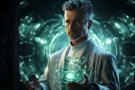 Medicine of the future. Healthcare technology and the networking concept. DNA. Digital health and networking on the hologram. Futuristic physician. Engineering and Medtechの素材