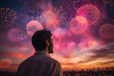 fireworks explosive displays of dazzling lights vibrant colors illuminate the night sky during celebrations and festivities. happy woman man girl boy silhouette banner copy space greeting card posterの素材
