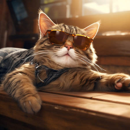 cute, funny, happy, adorable cat, kitty on the beach with humorous sunglasses. summertime, beach palm tree, heat relax, vacationの素材