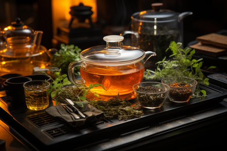 Herbata a drink obtained by brewing, boiling or infusing prepared tea leaves beloved beverage black green warm hot beautiful cozy aromatic autumn relax ceremony calm ritual copy space poster bannerの素材