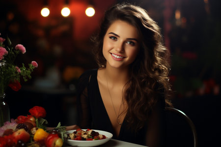 happy beautiful smiling woman girl lady eat healthy food fruit, vegetable, seeds, superfood, cereal, leaf vegetable. Detox and clean diet concept. High in vitamins, minerals and antioxidantsの素材