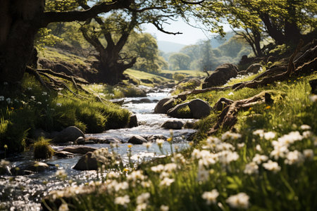 Spring natural world flowers flora and fauna. Blossoms, treesm air, sunlight warm weather birds leaves beauty. banner copy space greeting card wallpaper backgroundの素材