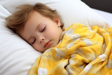 cute funny pretty beautiful happy baby child toddler boy girl sleeping in bedroom daughter son, toy calm sweet dream young parents care childhood comfortable teddy asleep pillowの素材