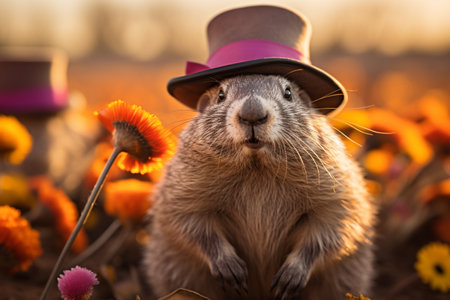 Groundhog Day. February 2nd, Punxsutawney Phil, hat, happy and smiling. folklore, superstition, weather forecasting, symbol of anticipation for changing seasons. banner, greeting card, copy spaceの素材