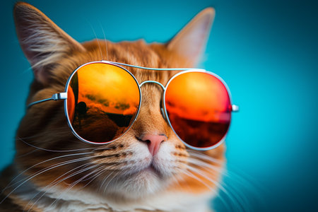 cute, funny, happy, adorable cat, kitty on the beach with humorous sunglasses. summertime, beach palm tree, heat relax, vacationの素材