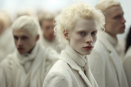 albino people human woman men girl boy Congenital disease, absence of pigment in skin and its appendages, in iris and pigmented membranes of eyes white individual skinの素材