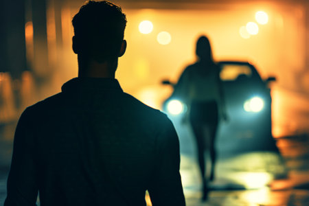 Man following woman in dark street, night, stalking, crime, mugger, scary worry violence, city danger silhouette life footsteps two people girl man, afraidの素材