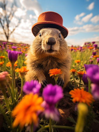 Groundhog Day. February 2nd, Punxsutawney Phil, hat, happy and smiling. folklore, superstition, weather forecasting, symbol of anticipation for changing seasons. banner, greeting card, copy spaceの素材