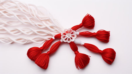 Martisor, red and white, yarn floss thread, holiday of welcoming spring in Moldova and Romania, celebrating on March , tradition give boutonnieres in the form of flowers Baba Martaの素材