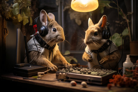 Anthropomorphic animals, playful, human like characters, emotions, endearing personalities, fantasy reality, daily routine, go to school, listen to music, phone, have a breakfast, drink at barの素材