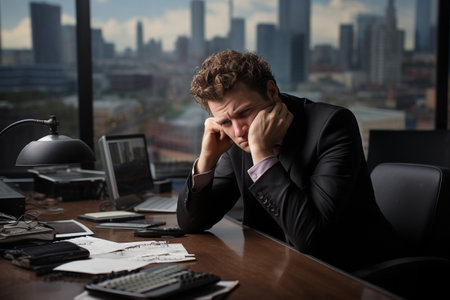 Stress at work. heavy workloads, tight deadlines, and demanding expectations, headache, sad and angry woman and man, emotion negative mental issue business office depressionの素材