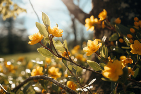 Spring natural world flowers flora and fauna. Blossoms, treesm air, sunlight warm weather birds leaves beauty. banner copy space greeting card wallpaper backgroundの素材