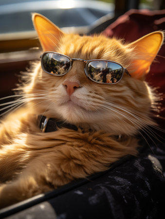 cute, funny, happy, adorable cat, kitty on the beach with humorous sunglasses. summertime, beach palm tree, heat relax, vacationの素材