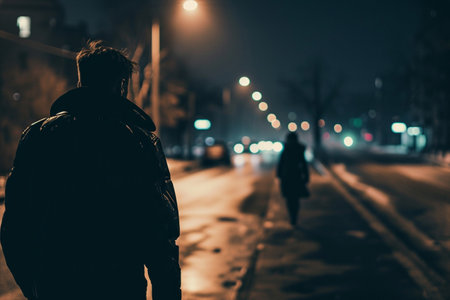 Man following woman in dark street, night, stalking, crime, mugger, scary worry violence, city danger silhouette life footsteps two people girl man, afraidの素材