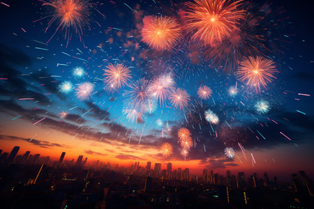 fireworks explosive displays of dazzling lights vibrant colors illuminate the night sky during celebrations and festivities. happy woman man girl boy silhouette banner copy space greeting card posterの素材