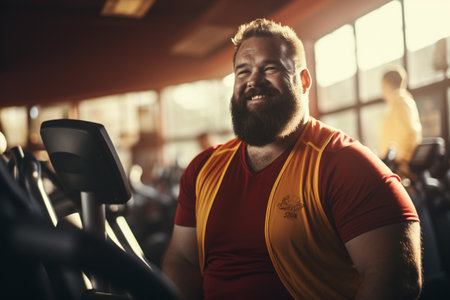 Fat, overweight people man woman boy girl do sport, training, care about yourself, body positive fitness gym progress plus size activity diet exercise wellnessの素材