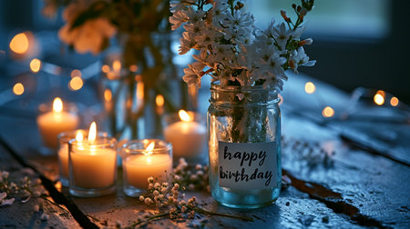 happy birthday text banner poster greeting card copy space background cake balloons party celebration, congratulating, present colors funny enjoy blessings holiday giftの素材