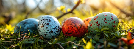 Happy Easter, bunny, rabbit, colored eggs, grass, Christian holiday, the Resurrection of Jesus Christ, traditional decorate cross banner copy space greeting card backgroundの素材