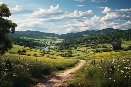 beauty of a peaceful landscape, allure, symphony of serene vistas, countryside masterpiece idyllic countryside, calming waters, majestic mountains, quietude awe nature harmonious heart of worldの素材