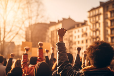 protest march people with placards and posters Arms raised air fighting Group of activists Multiracial Crowd Black Lives Matter social activity crisis future freedom yoong banner publicの素材