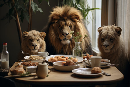 Anthropomorphic animals, playful, human like characters, emotions, endearing personalities, fantasy reality, daily routine, go to school, listen to music, phone, have a breakfast, drink at barの素材