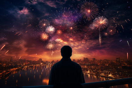 fireworks explosive displays of dazzling lights vibrant colors illuminate the night sky during celebrations and festivities. happy woman man girl boy silhouette banner copy space greeting card posterの素材