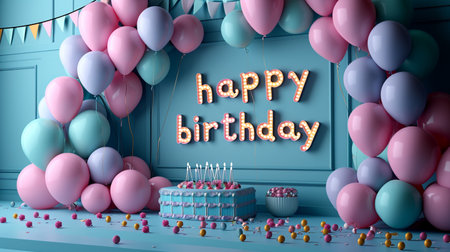 happy birthday text banner poster greeting card copy space background cake balloons party celebration, congratulating, present colors funny enjoy blessings holiday giftの素材