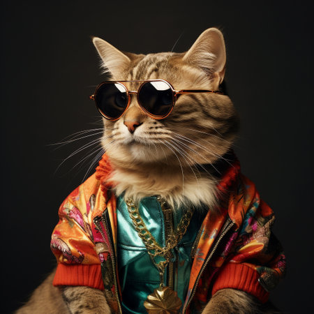 cute, funny, happy, adorable cat, kitty on the beach with humorous sunglasses. summertime, beach palm tree, heat relax, vacationの素材