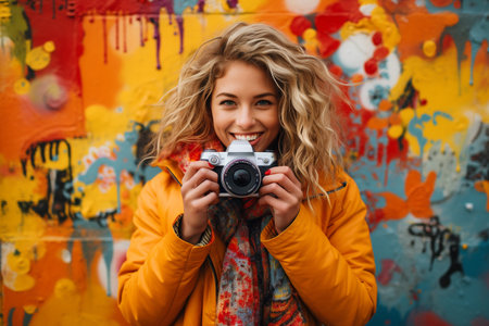 Photographer professional camera hand shot paparazzi media film, technology model focus dynamic pose, colorful joyful happy sunny pretty beautiful deviceの素材