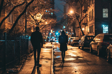 Man following woman in dark street, night, stalking, crime, mugger, scary worry violence, city danger silhouette life footsteps two people girl man, afraidの素材