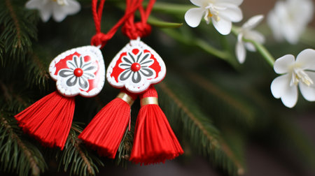 Martisor, red and white, yarn floss thread, holiday of welcoming spring in Moldova and Romania, celebrating on March , tradition give boutonnieres in the form of flowers Baba Martaの素材